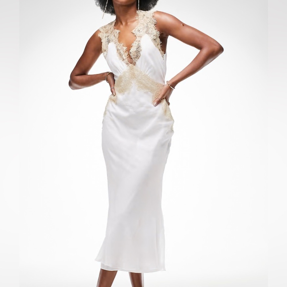 NWT ASOS DESIGN Soft Slip Midi Dress Contrast Lace Tie Back Detail White Cream
